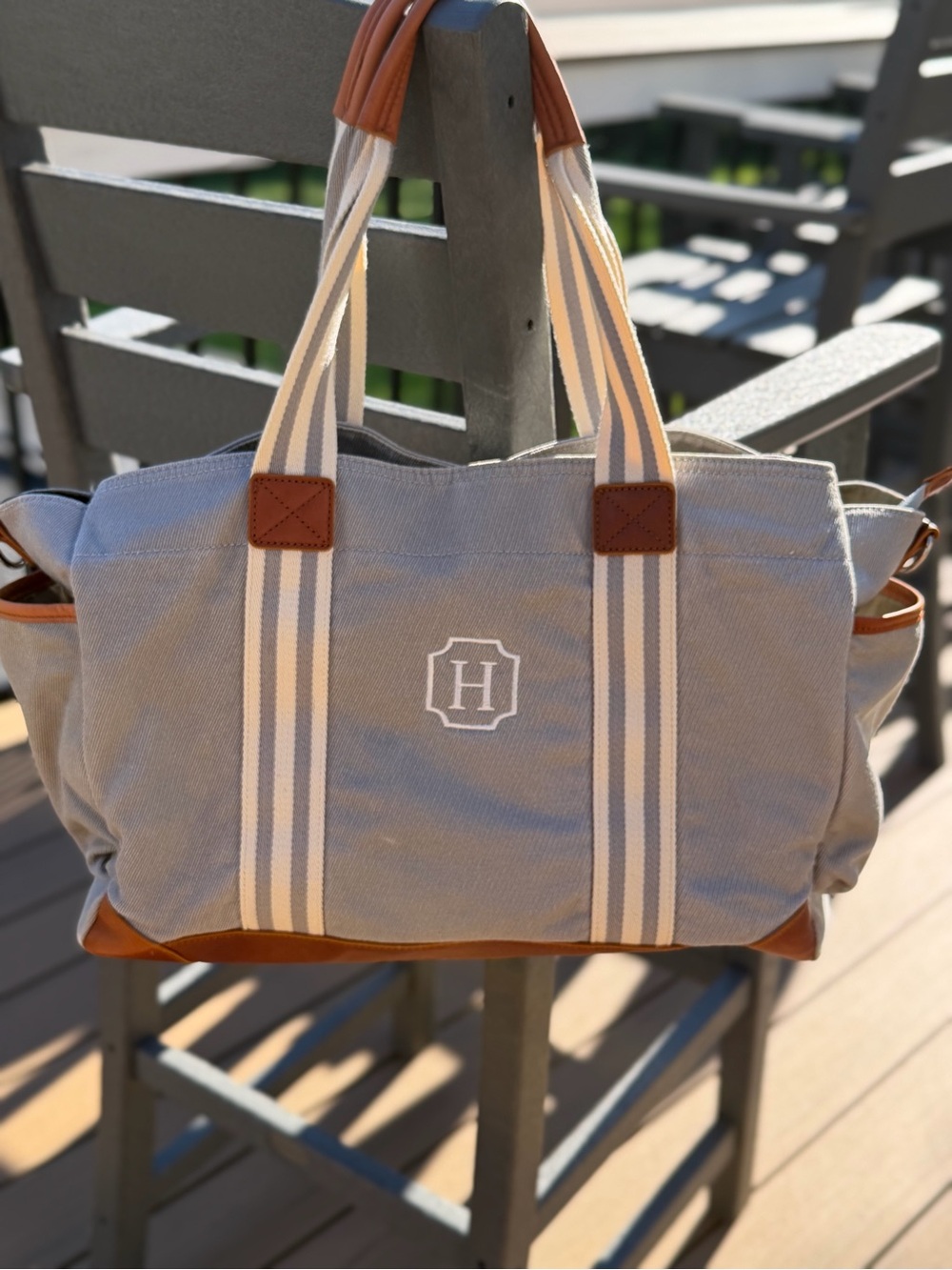 Pottery Barn Kids Gray Classic Diaper Bag with “H” monogram